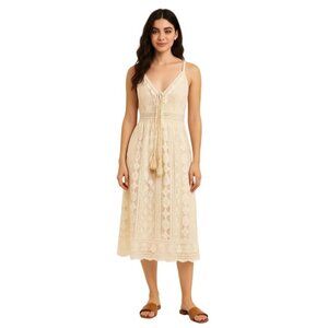 Boho Ivory Lace Midi Dress L Festival Gypsy Tassels Adjustable Straps Boutique